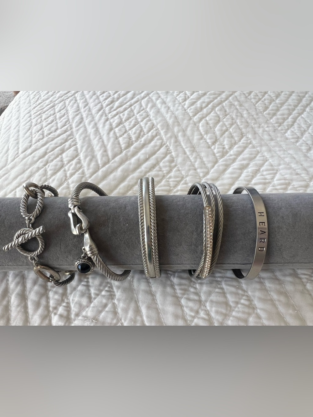 5 Piece Silver Tone Cable Bracelet Lot | Cuffs, Crystal, Toggle Bracelet